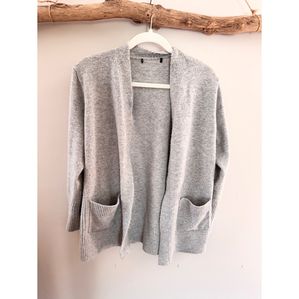 Gray Open Front Cardigan Sweater Heathered Knit Pocketed RN162711 Womens